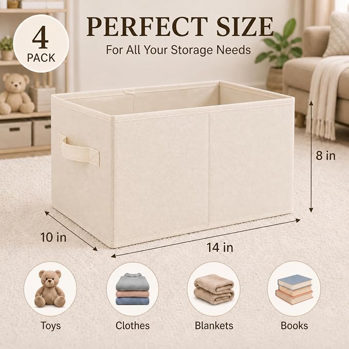 Yinder 4 Pcs Cube Storage Bin, Beige 14''x10''x8'' Storage Cubes | Kids Classroom Playroom Decor, Beige Bins, Foldable Baskets for Nursery Organizer Boxes Fabric Boxes - Image 2