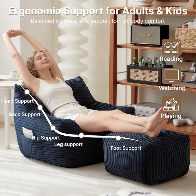 Oversized Bean Bag Chair with Ottoman, Bean Bag Couch with 2 Side Pockets, Corduroy Boneless Couch Chair in a Box, Comfy Lounge Chair for Living Room, Bedroom, Dorm, Blue - Image 5