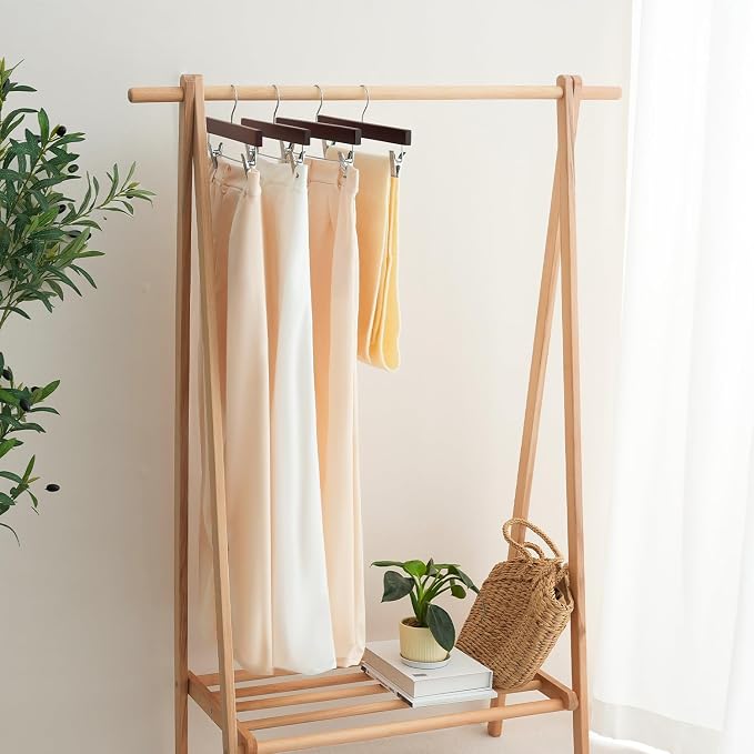 BAGAIL 20 Pack Wooden Pants Hangers with Adjustable Clips, 360°Swivel Hook Space Saving Skirt Holders with Anti-Rust Clips for Trousers, Jeans, Shorts(Walnut) - Image 6