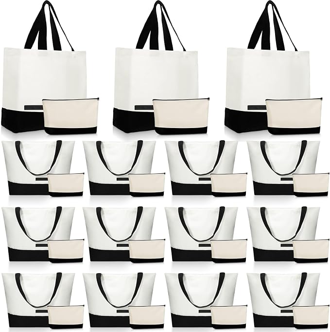 Sanwuta 30 Pcs Canvas Tote Bags Bulk with Zipper Cosmetic Pouch,Black | 18.5" Reusable Cotton Shopping Bag with Handle for DIY Craft by Sanwuta