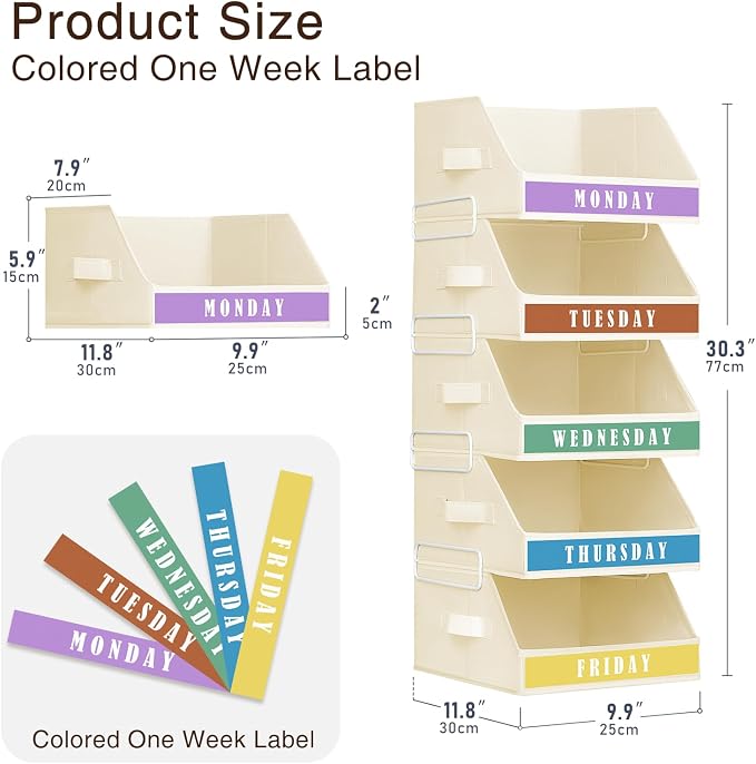 Closet Organizers and Storage - 5 Tier Shelf Organizer with Weekly Labels, Stackable Storage Bins with Metal Frame, Foldable Cube Bins, Home Baskets for Kids and Adults, Beige - Image 3
