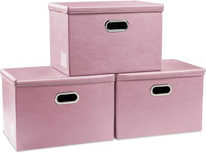 Large Stackable Storage Bins with Lids [3-Pack] Leather Fabric Foldable Storage Boxes Organizer Containers Baskets Cube with Cover for Bedroom Closet Office Nursery Pink (17.7x11.8x11.8) by Prandom