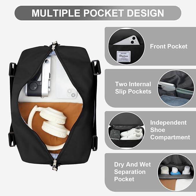 Travel Duffel Weekender Bag Women Tote Carry On Bags With Shoe Compartment | 18x14x8 inches Travel Overnight Bags with Trolley Sleeve for Airplanes Sport Tote Gym for Men Lightweight Daypack Black... - Image 6