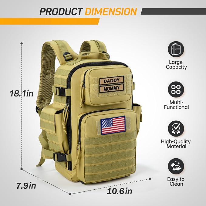 SHARKMOUTH Military Diaper Bag for Dad - Insulated Baby Diaper Backpack with Patches for Hiking Travel Camping - Baby Shower Gifts Tan - Image 5