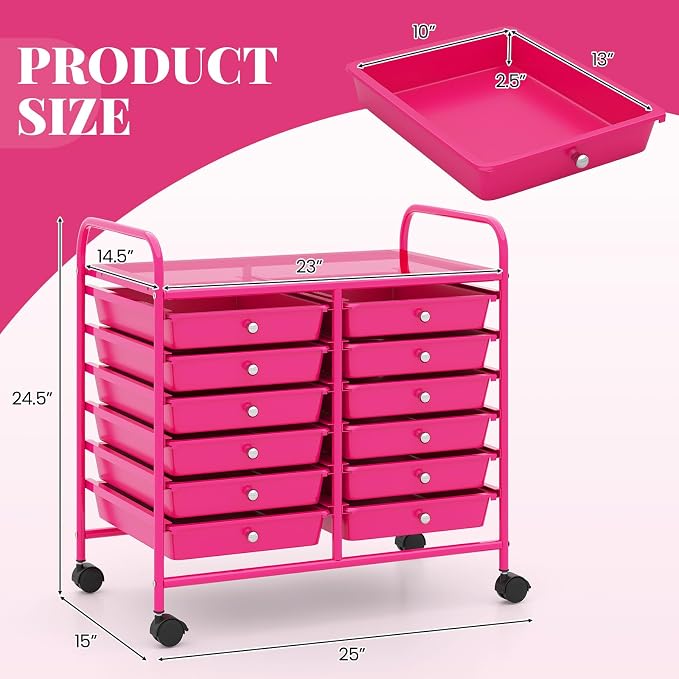 RELAX4LIFE 12-Drawer Rolling Storage Cart - Mobile Utility Cart on Wheels for School Classroom Teacher Office Salon, Paper File Art Supply Craft Organizer, Rolling Cart with Drawers (Hot Pink) - Image 3
