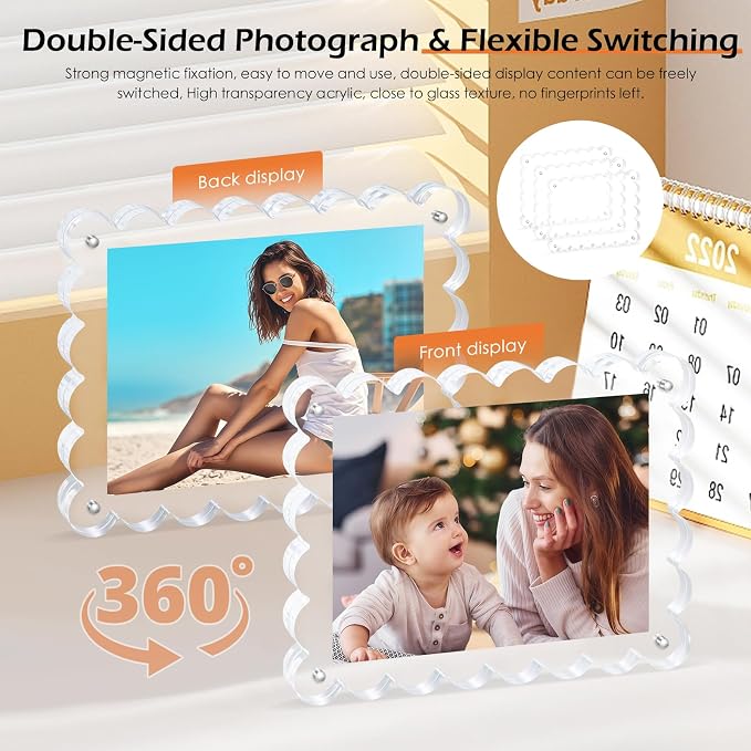 Chivalral 6x8 Scalloped Acrylic Photo Frame 3 Pack,12+12mm Desktop Holders | With magnetic frames,vertical & horizontal keepsakes for weddings,birthdays,Christmas and anniversary celebrations - Image 7