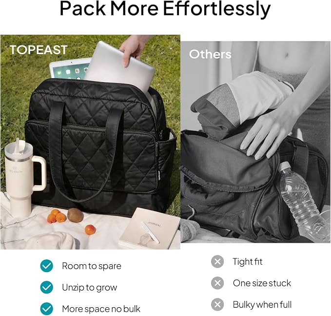 TOPEAST Duffel Bag for Women Travel, Expandable Quilted Weekender Overnight Duffle Bag with Adjustable Strap, Lightweight 33L Personal Item Bag Hospital Bags for Labor and Delivery, Black - Image 4