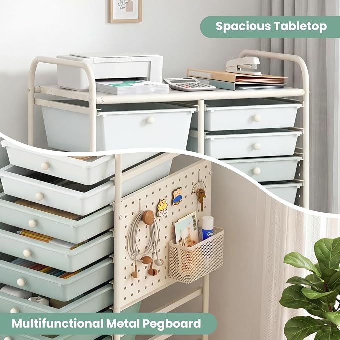 GOFLAME 15-Drawer Rolling Storage Cart with Pegboard, Craft Storage Cart with Lockable Wheels and Metal Frame, Art Cart Supply Storage Organizer for Home Office Classroom, Green Gradient - Image 5