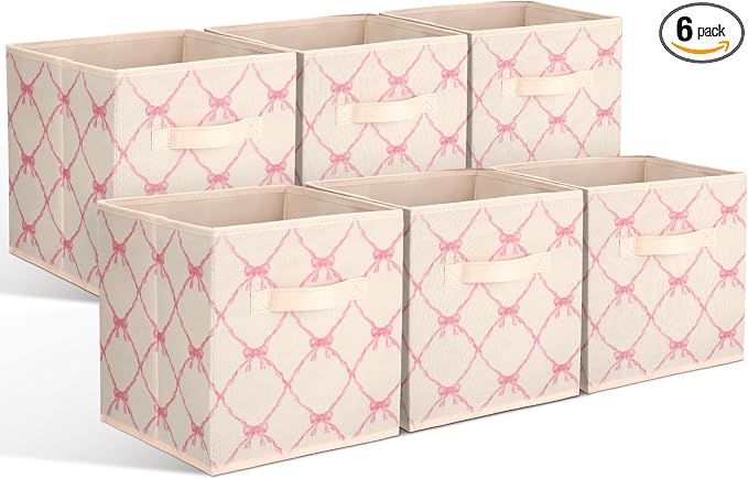 6 Pcs Light Pink Bow Cube Storage Bins 11 Inch Storage Basket | Preppy Girls Organizer Basket with Handle, Collapsible Fabric Box for Classroom Bedrooms Office Home Decoration Gift by Geelin
