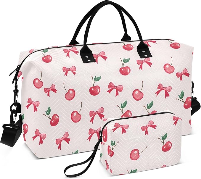 Large Travel Duffel Bag Sports Tote Gym Bag Overnight Weekender Bags Cherry Bow Carry On Luggage with Toiletry Bags by ALAZA