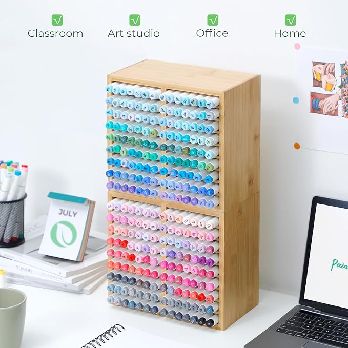 Ohuhu Bamboo Marker Organizer, Wooden Desktop Storage Holds 126 Markers | Markers Pens Pencils Art Brushes Stationary Organizer Pencil Holder with 18 Compartments for Classroom Office Decor Home - Image 7