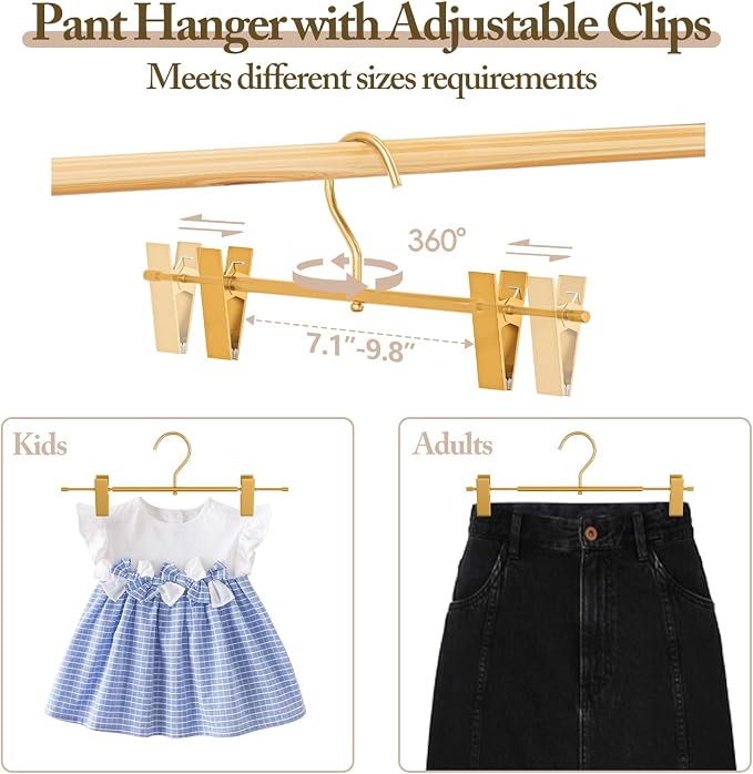 Matte Gold Aluminum Pants Hanger with Adjustable Clips, 10 Pack | Non-Slip, Sturdy Metal, 360° Swivel Hooks, Heavy-Duty & Space-Saving Closet Organizer for Pants, Skirts, Kids & Adults - Image 4