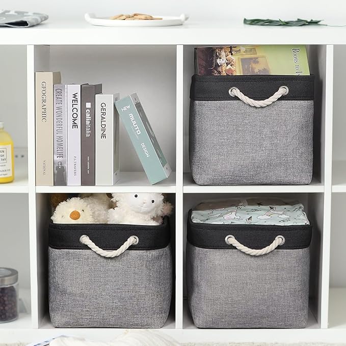 Storage Basket for Organizing - 16x12x12 inch Cube Storage bin 3 Pack Fabric Storage Cubes, Collapsible Storage Box for Organizer Cloth Gift Toy Closet (Black & Grey) - Image 2