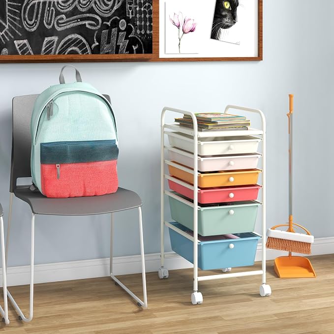 Giantex 6 Storage Drawer Cart Rolling Organizer Cart for Tools Scrapbook Paper Home Office School Multipurpose Mobile Utility Cart (Macaron) - Image 9