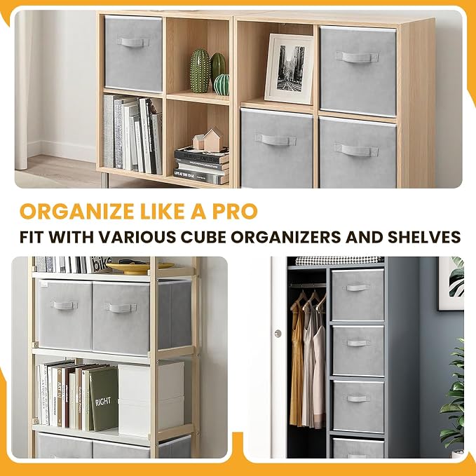 Large Storage Cubes, 13 Inch Cube Storage Bins for Shelves Closet Nursery Bedroom - 10 Pack Collapsible Storage Baskets with Handles - Fabric Bins for Organizing Magazines Clothes Toys (Grey) - Image 3