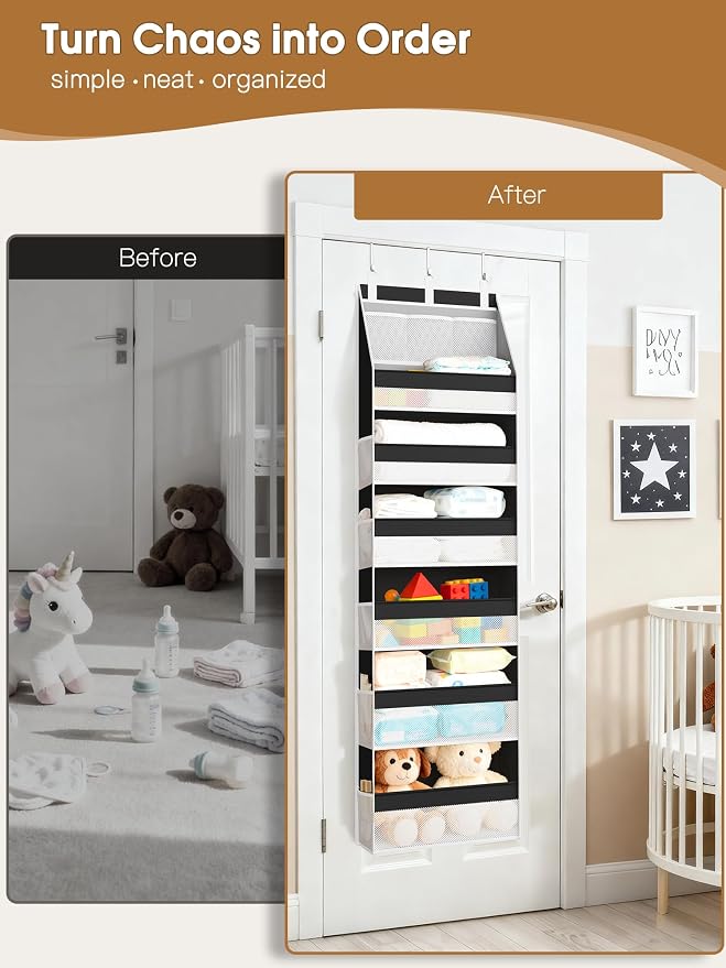 Over the Door Organizer, Heavy-Duty 6-Shelf Hanging Storage with 13 Mesh Pockets, 55lbs Capacity Behind the Door Storage for Nursery, Bathroom, Bedroom, and Dorm, Black - Image 2