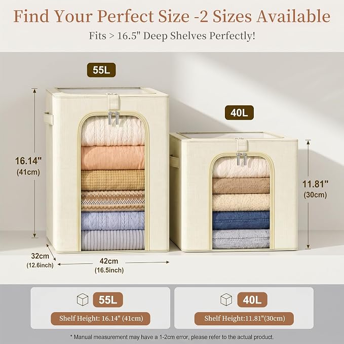 GoMaihe Blanket Storage Bins with Metal Frame for Closet, 55L 4-Pack Beige | Clothing Comforters Bedding Winter Coat, Closet Top Shelf, Collapse-Proof Stackable, Clear Window, Dual Access Space Saving - Image 2