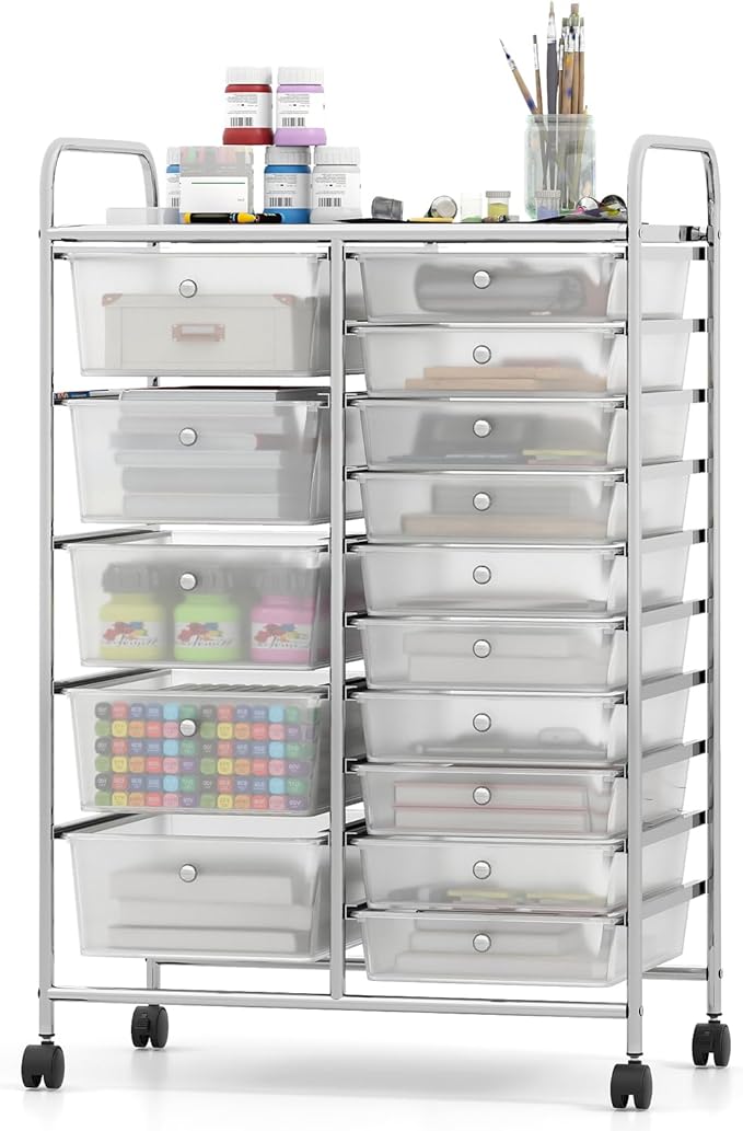 DREAMADE 15-Drawer Rolling Storage Cart, Mobile Craft Cart, Clear | Utility Organizer with Lockable Wheels, Removable Plastic Drawers and Metal Frame for Home Office, Classroom and Studio by DREAMADE