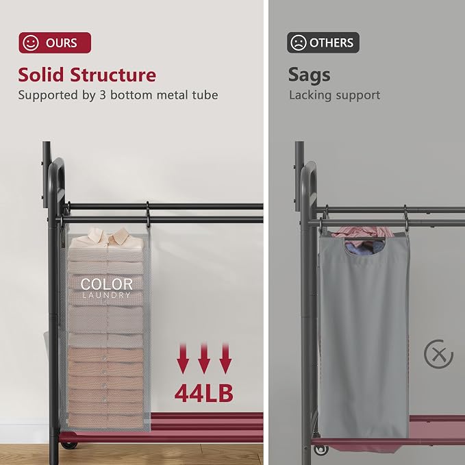 Laundry Sorter with Hanging Bar, 2 Bag laundry cart, Black & Gray | 2 Section Laundry Hamper with Lockable Wheels and Removable Bag, Laundry Cart with Hanging Rack for Laundry Room, Bathroom - Image 5