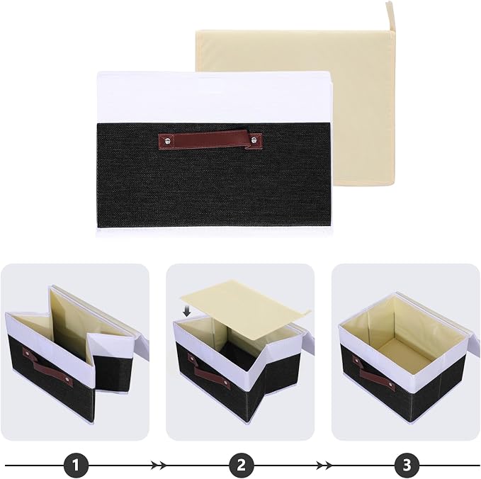 ANMINY Fabric Storage Box Bins with Lids, Black White, 13"x9"x7.9" | Keepsake Memory Storage, Cotton Linen, PP Board Reinforced, Washable, PU Handles, Foldable & Stackable, Decorative, Medium - Image 5