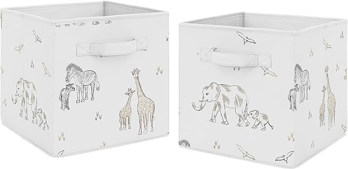 Sweet Jojo Designs Jungle Safari Animals Foldable Fabric Storage Cube Bins Boxes Organizer Toys Baby Taupe Black and White Gender Neutral Elephant Giraffe Wildlife Adventure Zebra Serengeti - Set of 2 by SweetJojoDesigns