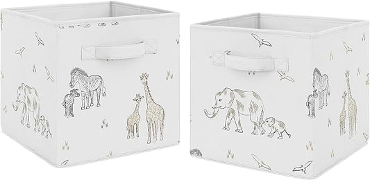 Sweet Jojo Designs Jungle Safari Animals Foldable Fabric Storage Cube Bins Boxes Organizer Toys Baby Taupe Black and White Gender Neutral Elephant Giraffe Wildlife Adventure Zebra Serengeti - Set of 2 by SweetJojoDesigns