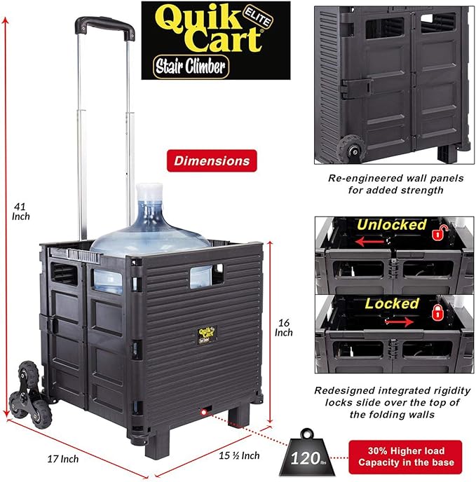dbest Products Quik Cart Elite Stair Climber Rolling Crate - Black | Collapsible, with Wheels, 120 lbs Capacity, Heavy Duty, Telescoping Handle, Folding Utility Cart with Seat - Image 4