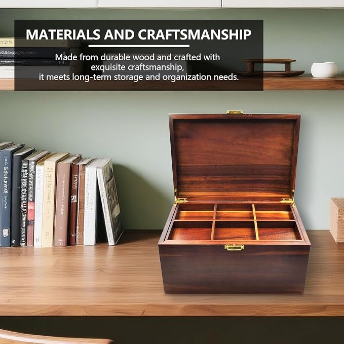 Large Wooden Storage Box with Hinged Lid, Acacia Wood Keepsake Chest | Vintage, 12" x 8.5" x 6.3", with Adjustable Tray, for Storing Souvenirs, Jewelry, Tools, Small Accessories, etc - Image 3