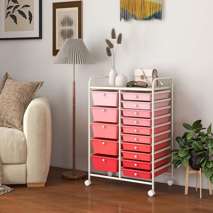 15 Drawer Rolling Storage Cart, Rolling Cart with Drawers for Classroom, Art Supply Craft Organizer on Wheel with Metal Frame & Handles for Home Office School - Image 2