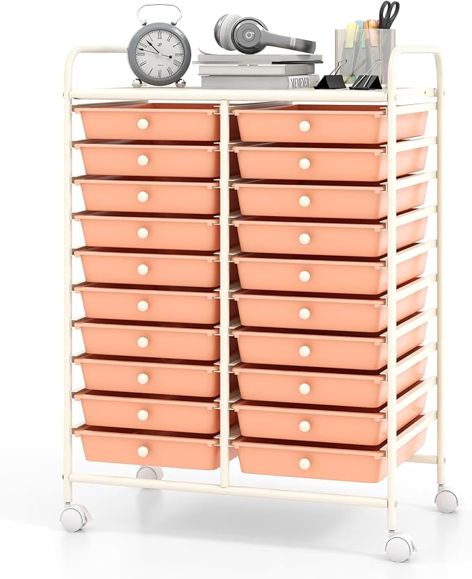 RELAX4LIFE 20-Drawer Rolling Storage Cart - Mobile Rolling Cart w/Drawers for School Classroom Teacher Office Home Salon, Paper File Art Supply Craft Organizer, Utility Cart on Wheels (Pink) by RELAX4LIFE