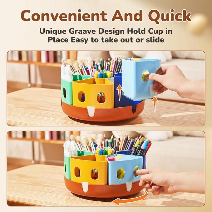 GAMENOTE Rotating Art Supply Organizer, Lazy Susan Caddy, Large | Rotating organizer keeps markers, crayons and craft supplies visible and easy to reach on classroom or home desks - Image 7