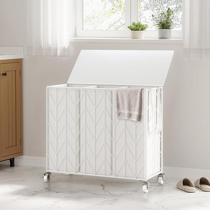 WOWLIVE Laundry Hamper 3 Section with Lid, 142L Laundry Basket with Wheels | Rolling Dirty Clothes Hamper with Removable Bags, Large Iron-Made Laundry Basket Organizer Laundry Sorter for Dorm, White - Image 2