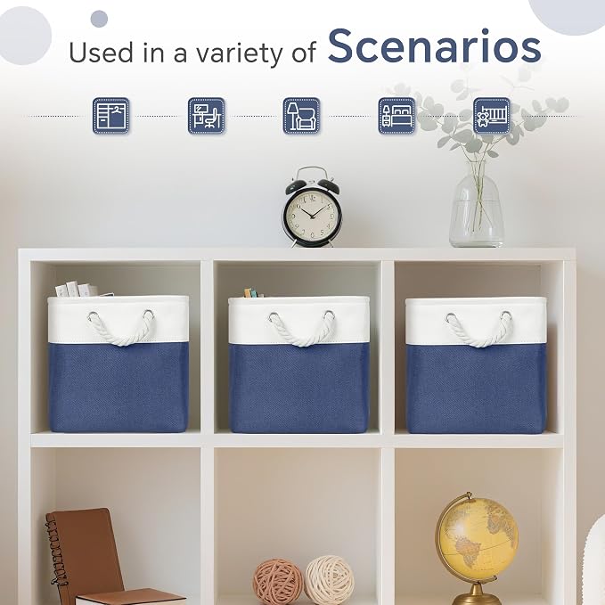 FinishingBo 11 inch Cube Storage Bin with Handles 6 Pack | Foldable Basket, Fabric Storage Bins, Closet Storage, Home Organizer (White/Navy Blue) - Image 6
