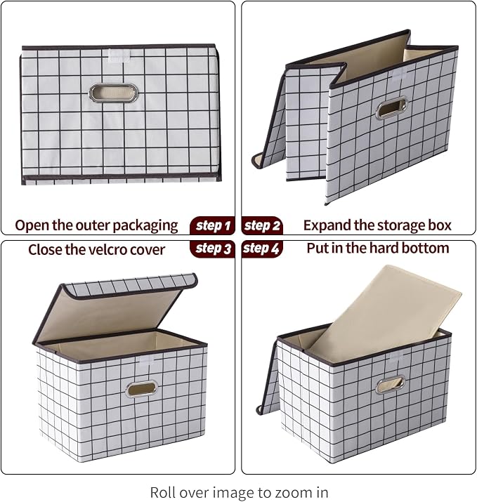 STOREONE Fabric Storage Cube Bins Foldable Organizer Container Collapsible Basket with Lids and Metal Handles, for Home, Bedroom, Closet 3 Pcs (White grid) - Image 6