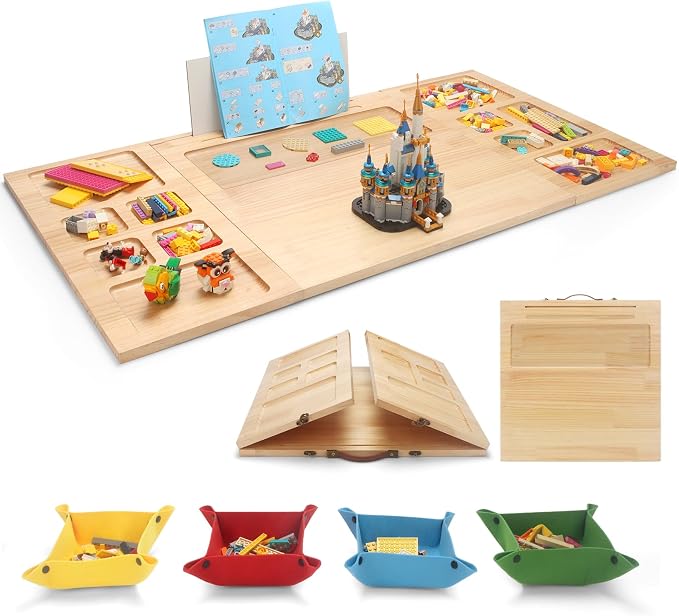 Tri-fold Building Tray for Lego with 4 Bricks Sorting Trays, Large Wooden Building Baseplate Table for Adults & Teens, Portable Folding Activity Station for Construction & Storage by Unknown