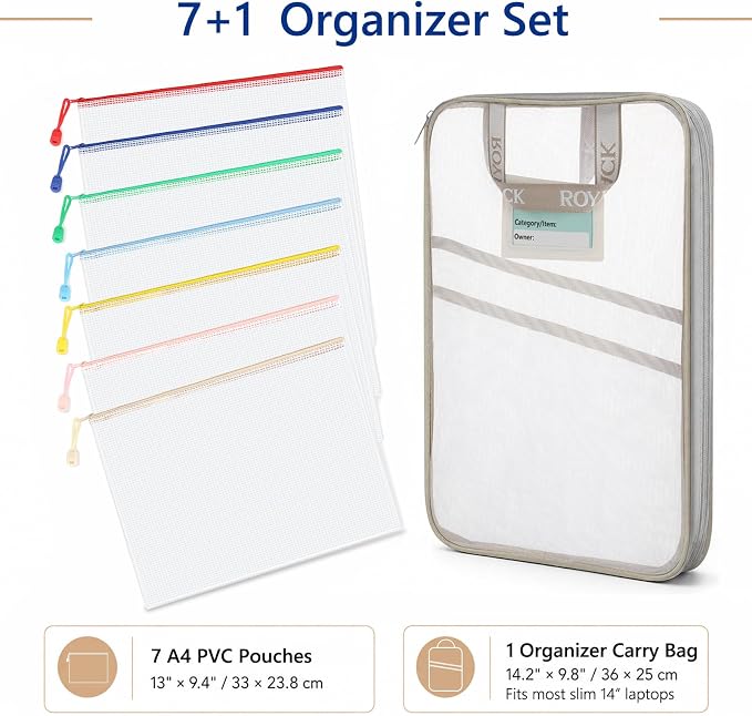 7 Pack PVC Mesh Zipper Pouch Set with 1 Organizer Bag, 8pcs | A4 Letter Translucent PVC File Bags for Office Papers College Handouts Receipts Contracts and Travel Documents - Image 2