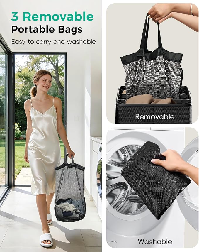 185L Laundry Hamper 3 Section with Lid & Removable Bags | Collapsible laundry basket organizer for laundry room, bedroom & dorm with 3 removable washing bags - Image 6