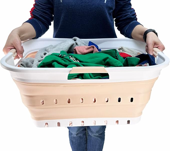 SAMMART 42L (11 gallon) Collapsible Plastic Laundry Basket - Foldable Pop Up Storage Container/Organizer - Space Saving Hamper/Basket (White/Beige) - Image 6