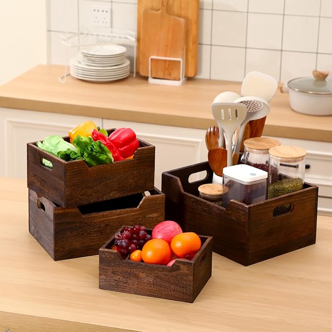 4 Pack Wood Crates Nesting Storage Baskets Decorative Farmhouse Wooden Organizer Crates Boxes with Open Front and Handle Rustic Nesting Baskets for Fruit Vegetable Kitchen Bathroom - Image 2
