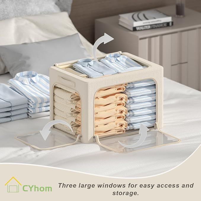 CYhom 3 Openings Clothes Storage Bins Box - 3Pack Stackable Foldable Storage Bin - Metal Frame Storage Box Clothing Storage Organizer with Clear Window, Carry Handles (Beige, 100L-23.6x16.5x15.7in) - Image 2