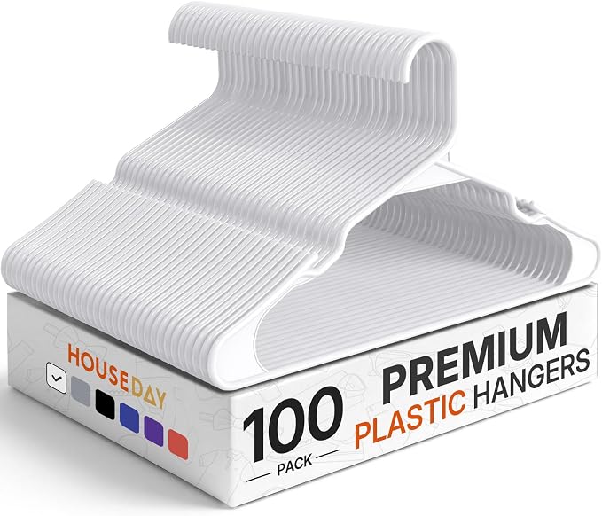 HOUSE DAY Black Plastic Hangers 100 Pack, Slim Space Saving Clothes Hangers | Durable Hangers for Shirts, Coats, Pants and Dresses, Non-Slip Notches Hold Straps, Bulk Pack for Whole-Home Closet Storage by HOUSEDAY