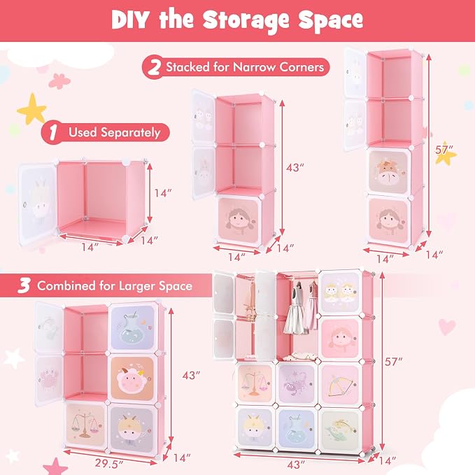 HONEY JOY Kids Wardrobe Closet, Baby Cartoon Clothes Storage Organizer, 12 Cubes & 2 Hanging Sections, Portable Children DIY Modular Bedroom Armoire Dresser Cabinet for Boys Girls (Light Pink) - Image 8