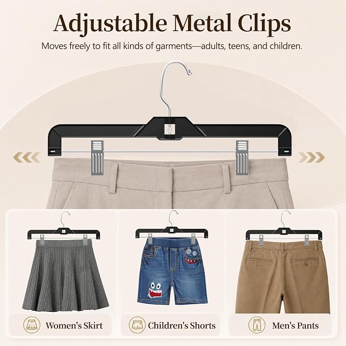 14" Black Pants Hangers with Clips 12 Pack, Plastic Skirts Hangers | Slim Space Saving, Adjustable Clips Hangers with 360° Swivel Hook & Non-Slip Pad for Adults and Kids, Pants, Shirt, Jeans - Image 3