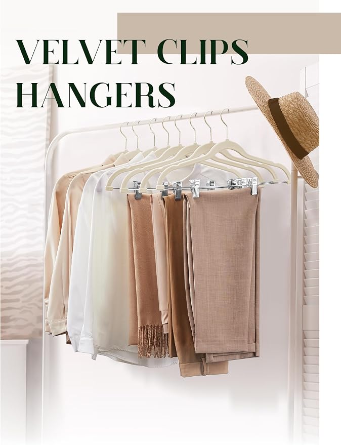 Cozymood Velvet Skirt Hangers - Pack of 24 - Velvet Hangers with Clips | Ultra Thin Non Slip Velvet Pants Hangers Space Saving Clothes Hanger for Trouser, Skirts, Jeans, Dress (Beige) - Image 5