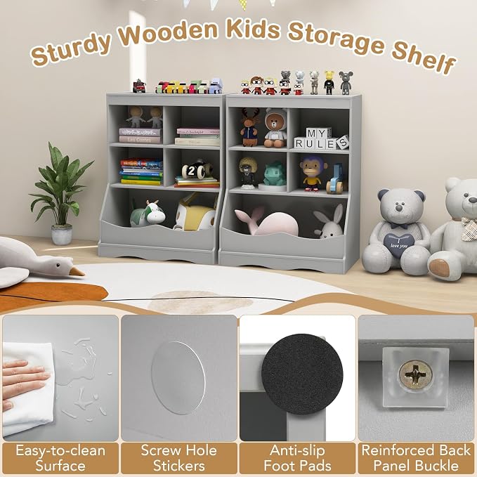 HONEY JOY Kids Toy Storage Organizer with Bookcase, 4-Cubby Organization Storage Cabinet w/Display Shelf, Wooden Toy Storage Unit for Playroom, Nursery Daycare(Gray) - Image 6