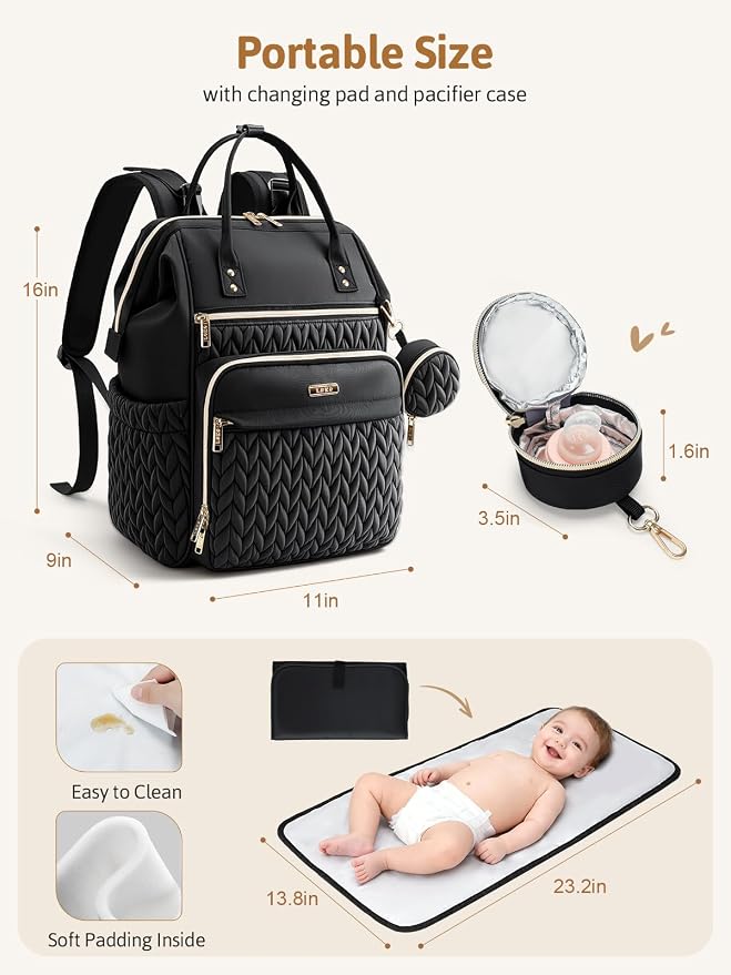 Lekesky Quilted Diaper Bag Backpack, Wide Opening Large Baby Bag for Mom | Black Travel Baby Diaper Backpack with Changing Pad, Insulated Pockets, Pacifier Case - Image 6