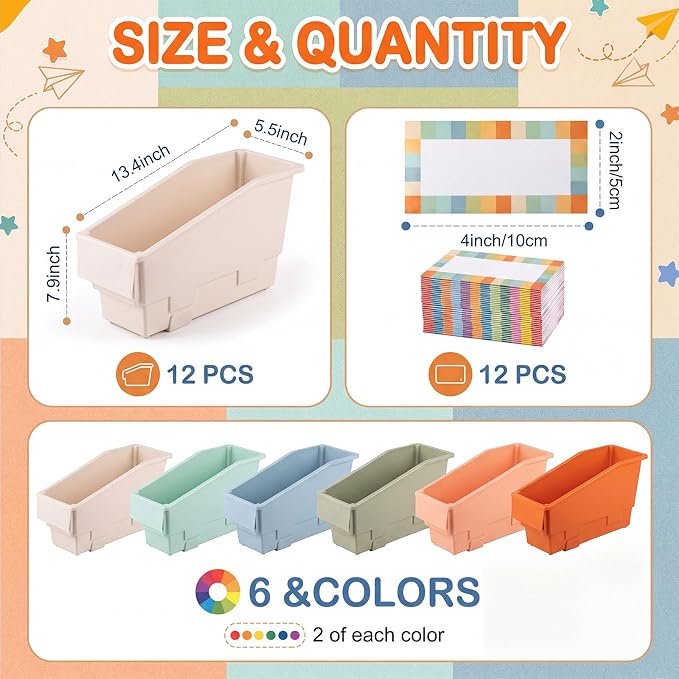 Geetery 12 Pack Non-Tip Book Bins with Stabilizer Wings Multicolor Plastic Storage Organizers Color Code Organization for Home Office Desktop Library Shelves Document Magazine File Holder (Earth Tone) - Image 2