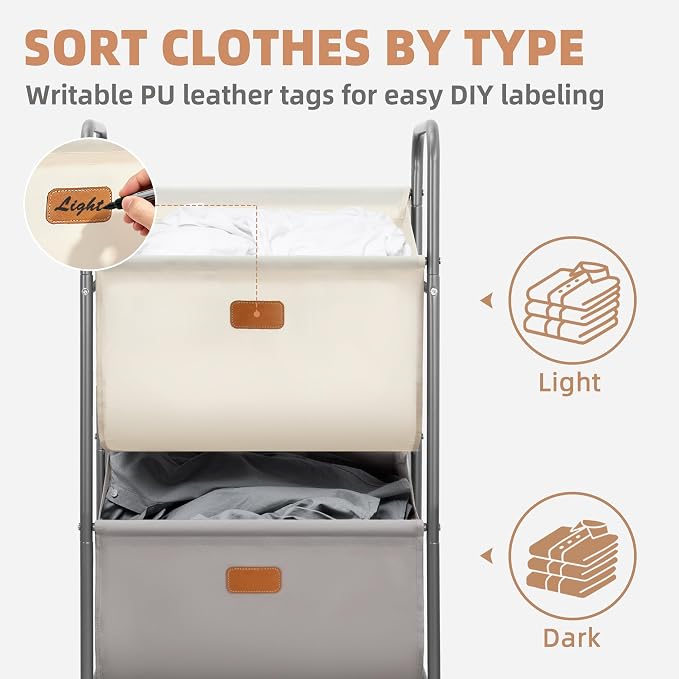 STORAGE MANIAC 80 Liters Vertical Rolling Laundry Hamper, 2 Section Laundry Sorter with Wheels and 2 Breaks, 2-tier Laundry Baskets for Small Space, Dorm, Laundry Room, Closet, Multicolored 2-tier - Image 4