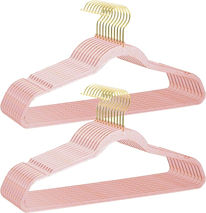 Pink Clothes Hangers 16", 20 Pack Plastic Clear Coat Hanger for Adult Closet, Durable Bling Ganchos de Ropa with Swivel Hook, Notched Shoulders & Ultra-Thin Space Saving Laundry Hanger for Dress Suits by VSVstoage