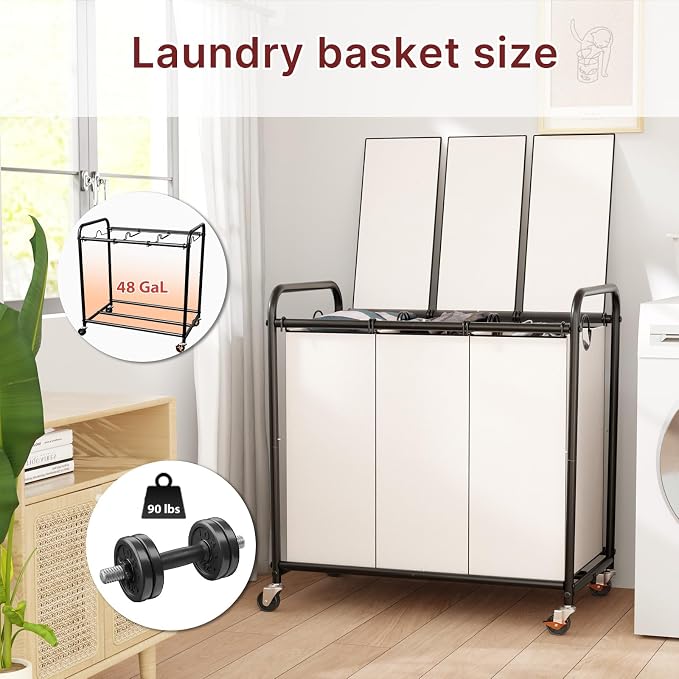 180L Laundry Sorter 3 Section with Lockable Wheels and Lid White | 3 Large Separate Removable Bags | Heavy Duty Rolling Laundry Basket | Laundry Hamper Cart for Laundry Room Organizer - Image 2